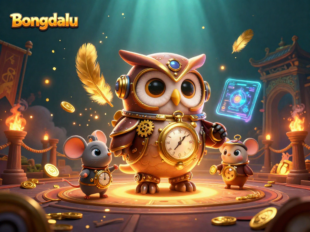 Bongdalu enhances gameplay with a time-traveler owl and a clockwork mouse in a vibrant casino setting.