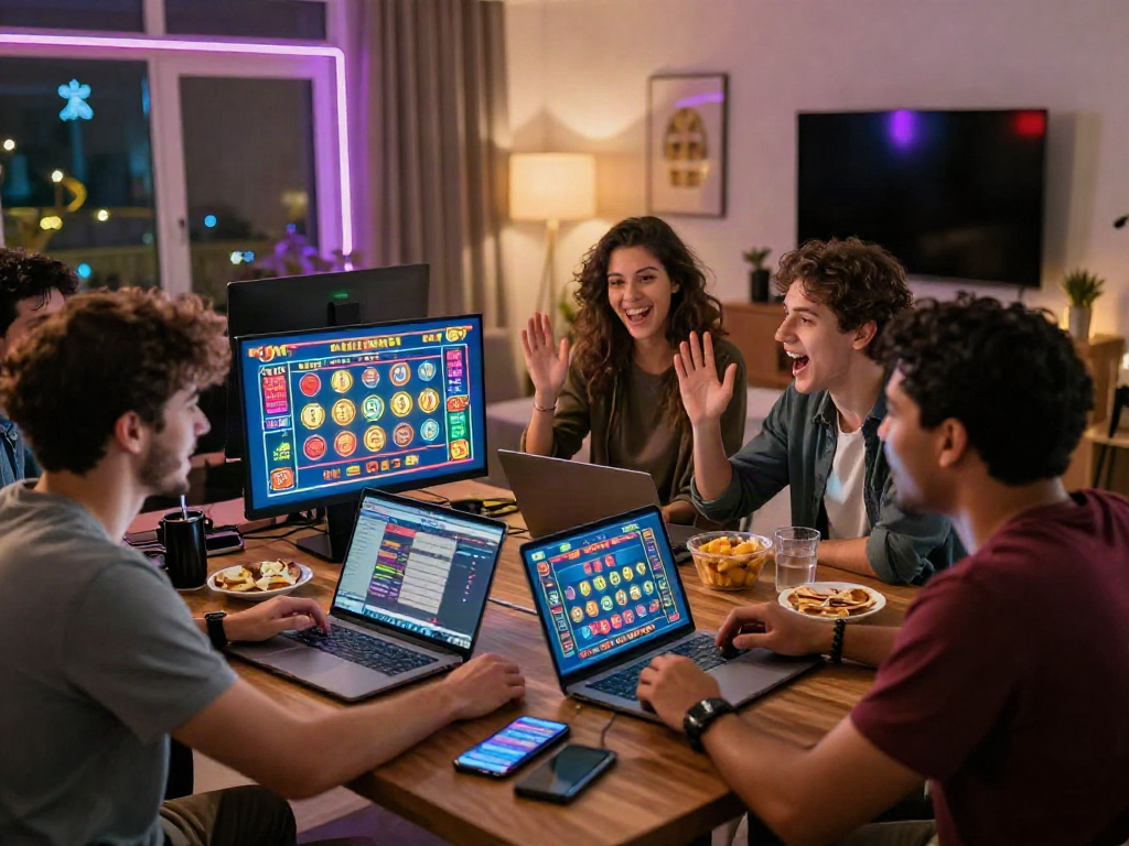 Friends enjoying kebuntoto live lottery game in a vibrant home setting with laptops and snacks.