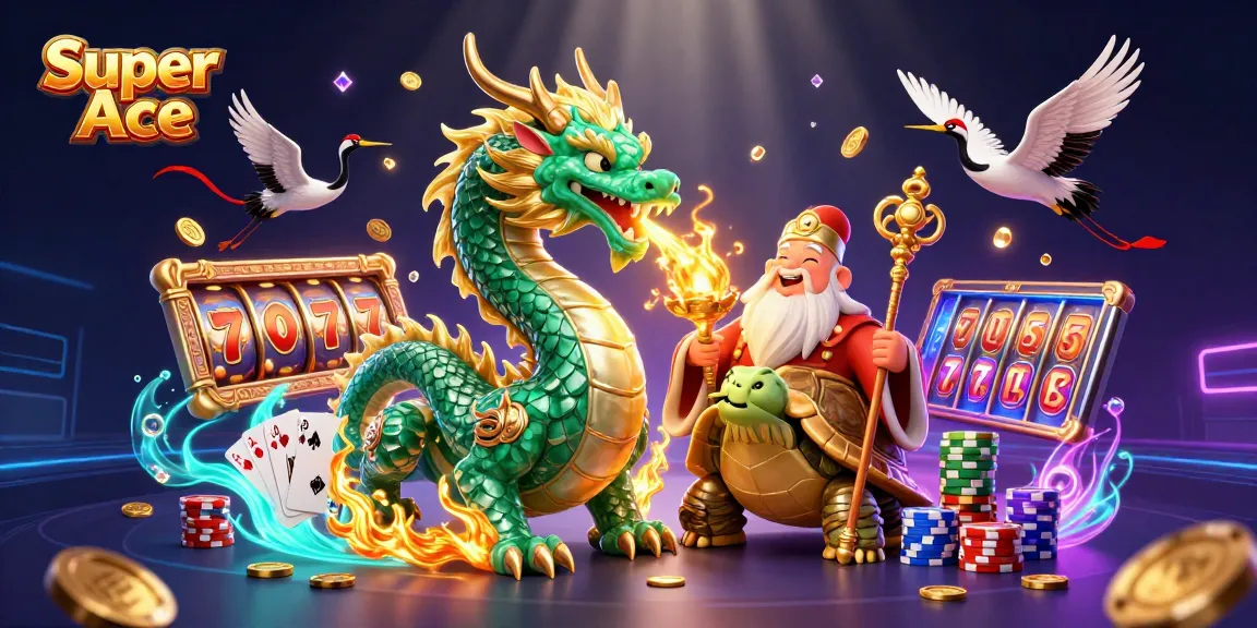 Spin the Super Ace slots with excitement, featuring vibrant characters and dynamic casino elements.