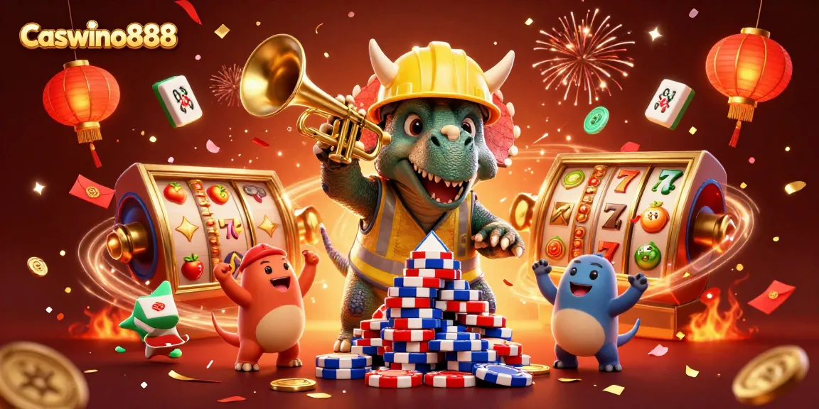 Engage with the magic of Caswino888, featuring cartoon dinosaurs celebrating on a vibrant casino-themed setup filled with slot reels.
