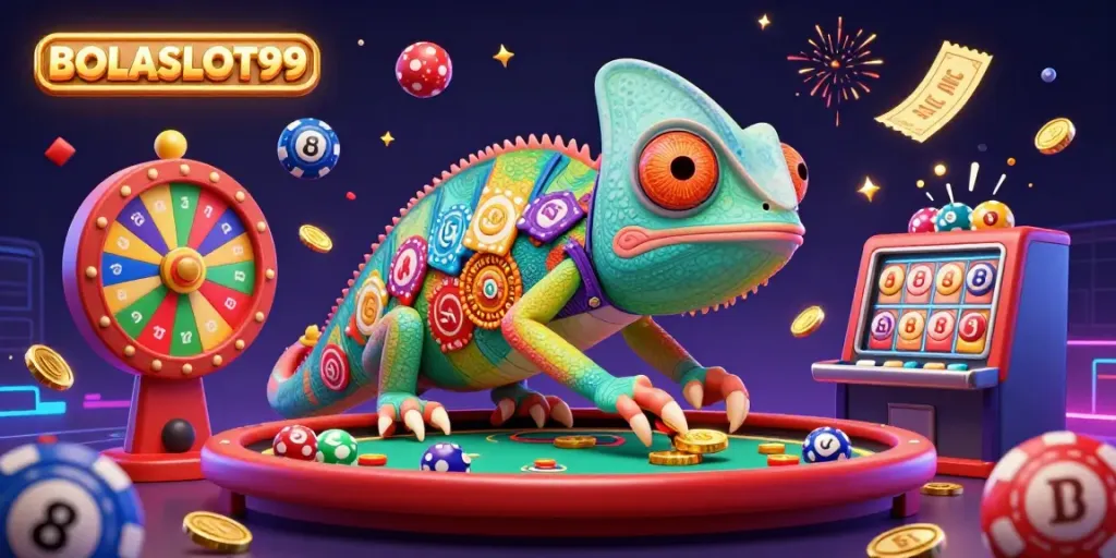 BOLASLOT99 casino scene featuring a chameleon owner, colorful lottery balls, and dynamic game elements.