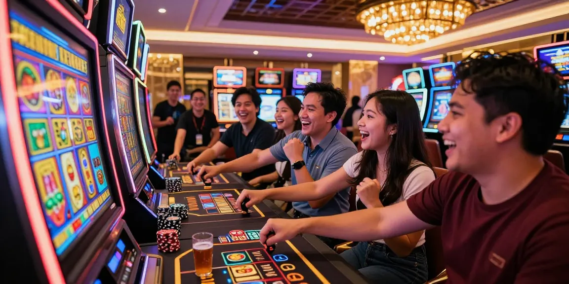 Friends enjoying a thrilling moment at a slot gacor machine in a vibrant casino atmosphere.