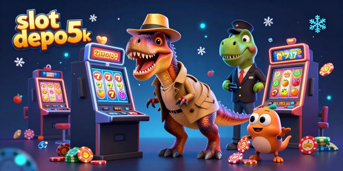 Engage in thrilling slot depo 5k gameplay with cartoon velociraptor and characters at vibrant casino.