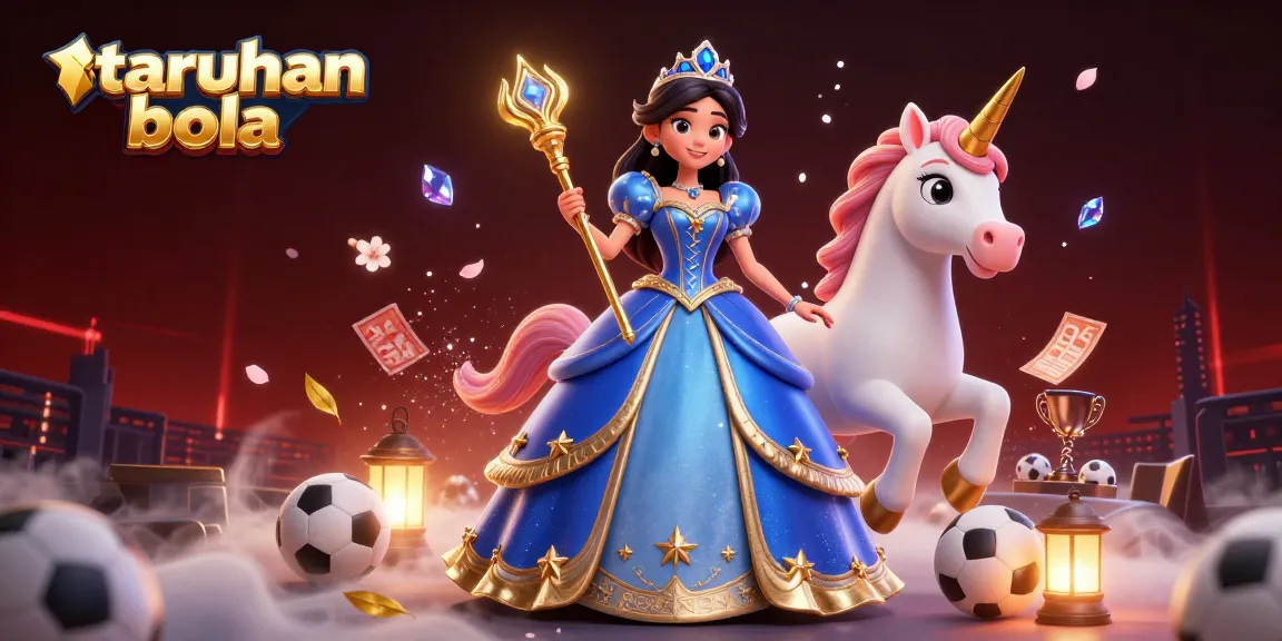 Engage in taruhan bola, featuring a beautiful woman and unicorn amidst a dynamic sports betting scene.