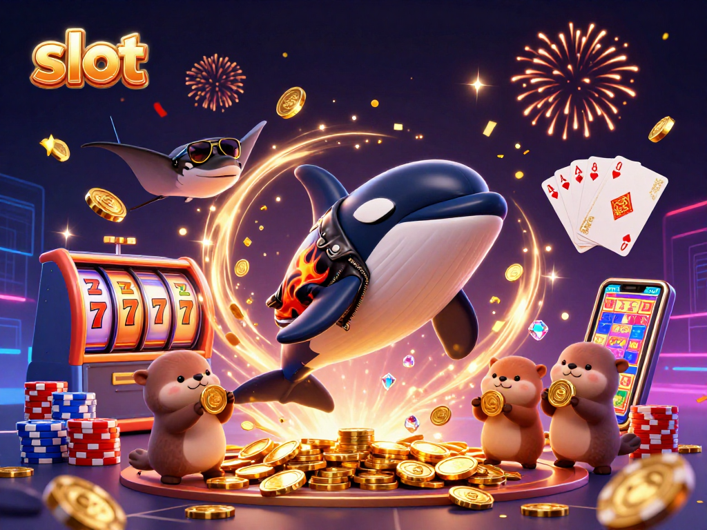 Spin slot machines and win big with vibrant orca, stingray, and otters in a festive casino scene.