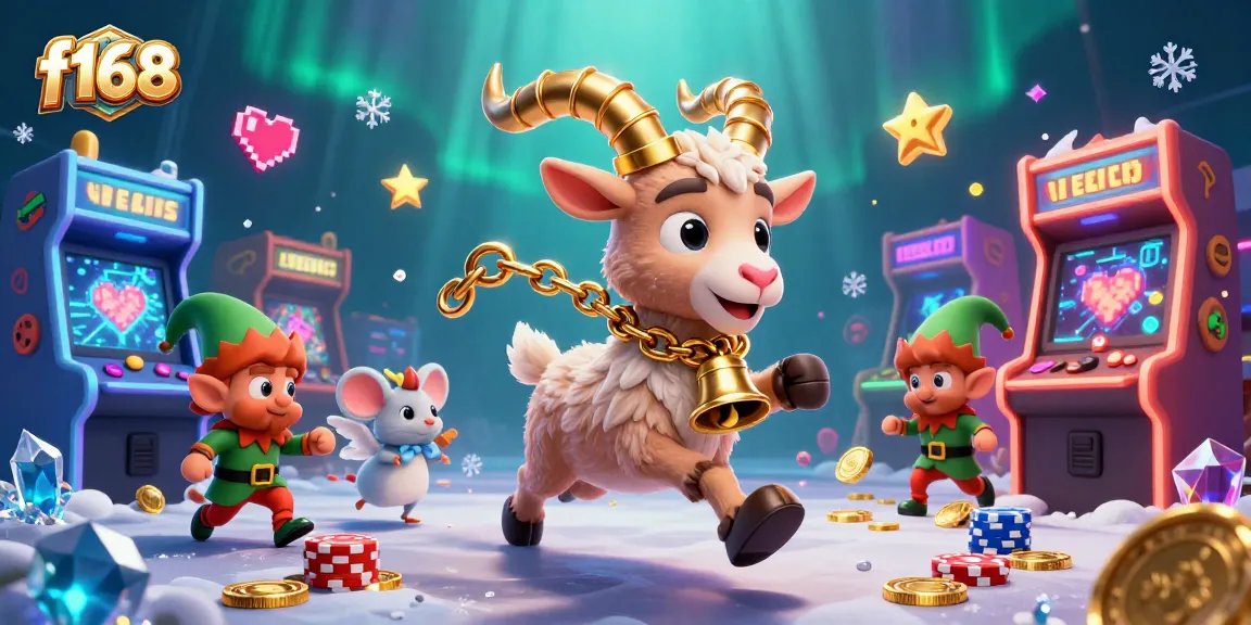 f168 features a cartoon Krampus goat managing a holiday-horror casino, with festive elements and playful characters.