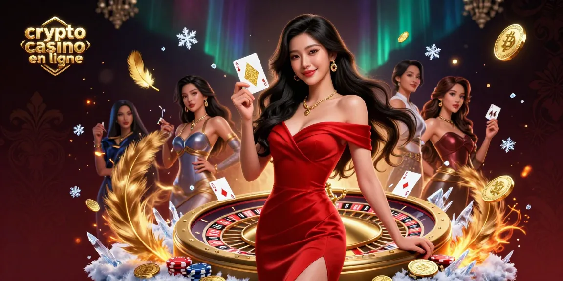 Engaging scene of a photorealistic young woman at a crypto casino en ligne, showcasing a golden roulette wheel and cryptocurrency elements.