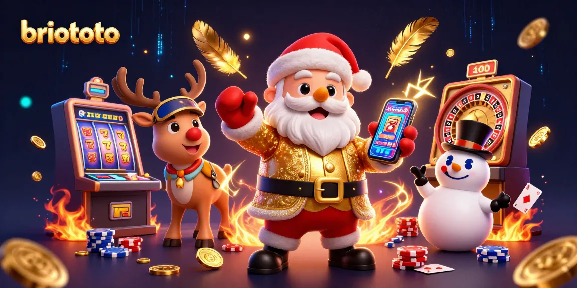 Briototo showcases a festive casino scene with a cartoon Santa, reindeer, and snowman surrounded by slot machines and coins.