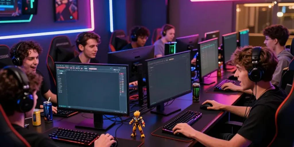 Gamer bersemangat bermain koitoto dalam studio gaming yang penuh warna