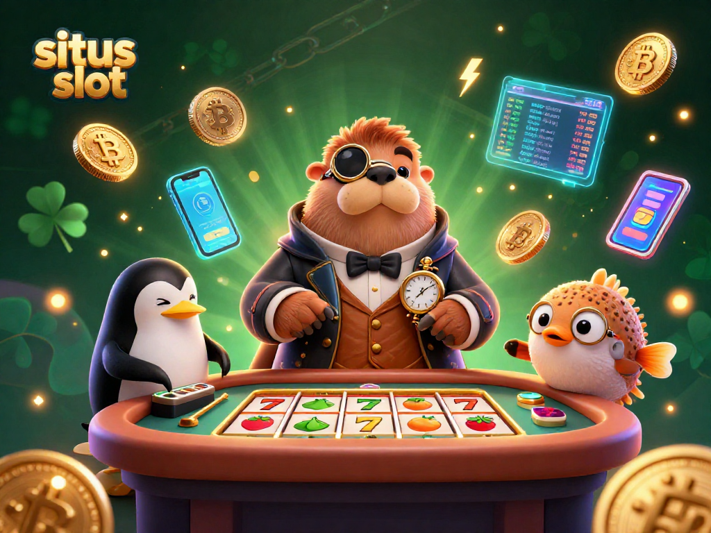 Engage in situs slot fun with a jolly walrus, penguin dealer, and pufferfish in a vibrant underwater scene.