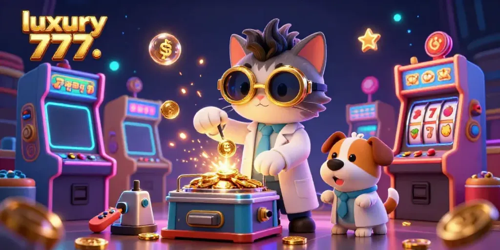 Experience luxury 777 casino action with a mad scientist cat creating gold in a vibrant gaming lab.