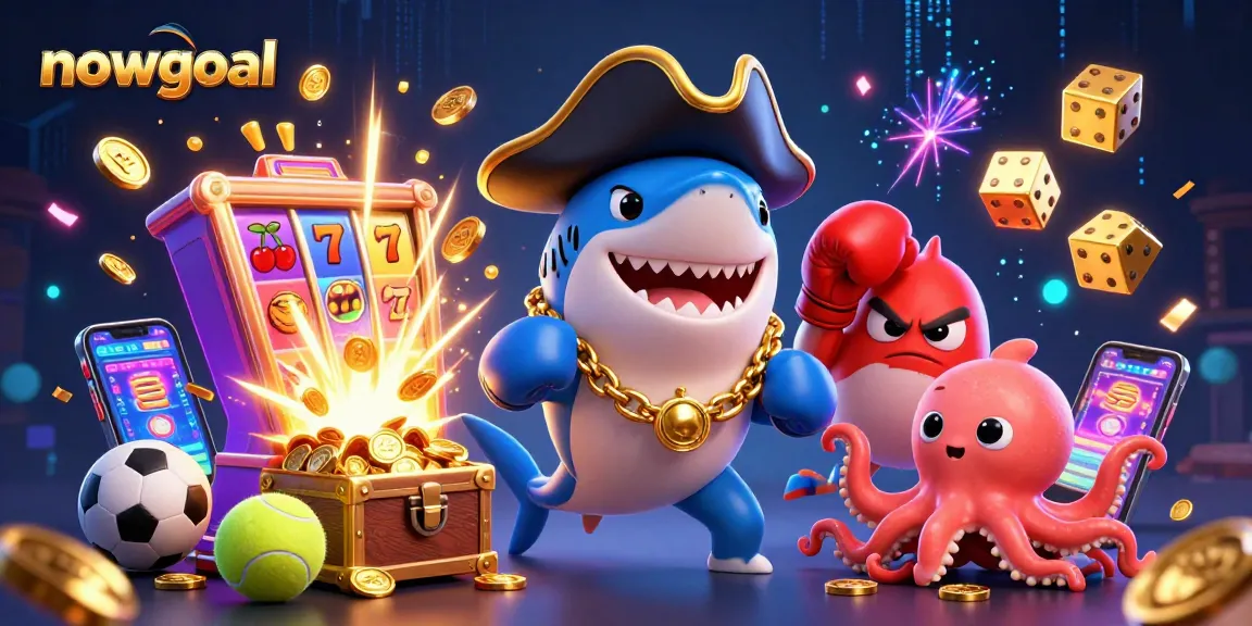 Engage with nowgoal as a pirate shark and friends celebrate a jackpot in a lively sports betting scene.