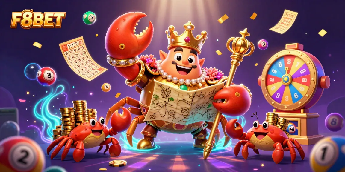 Experience exhilarating games at F8BET with colorful lottery elements and a majestic crab emperor in this dynamic 3D illustration.