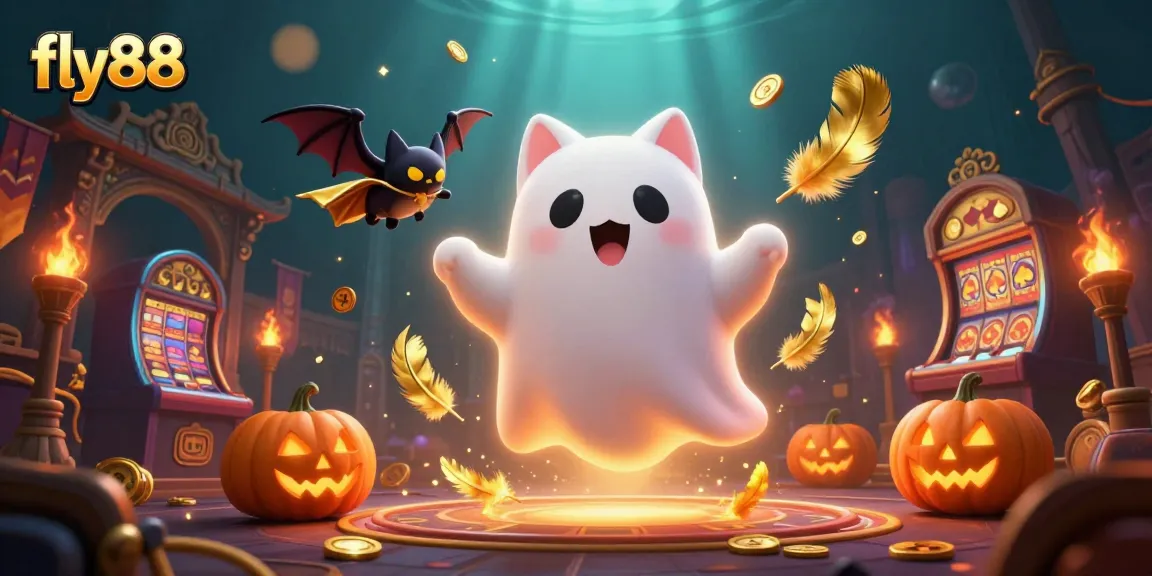 fly88 engages with animated slots and vibrant casino elements amidst golden highlights and ghostly fun.