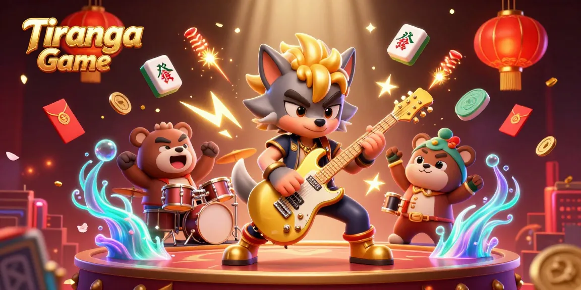 Tiranga Game features a lively wolf guitarist with a bear drummer on a vibrant casino stage.