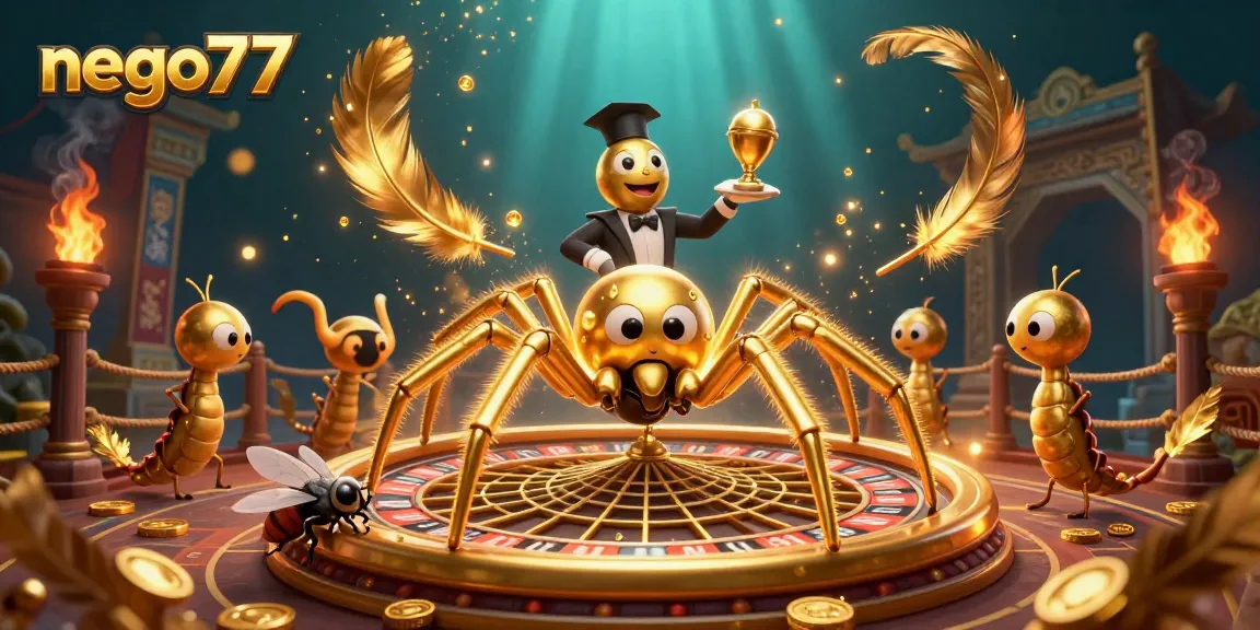 Nego77 reveals exciting slot strategies as a golden spider spins a roulette web surrounded by suspenseful gaming elements.