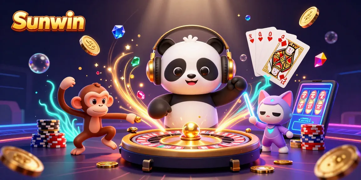 Experience the excitement of Sunwin as cute characters play casino games with dazzling coins and glowing lights.