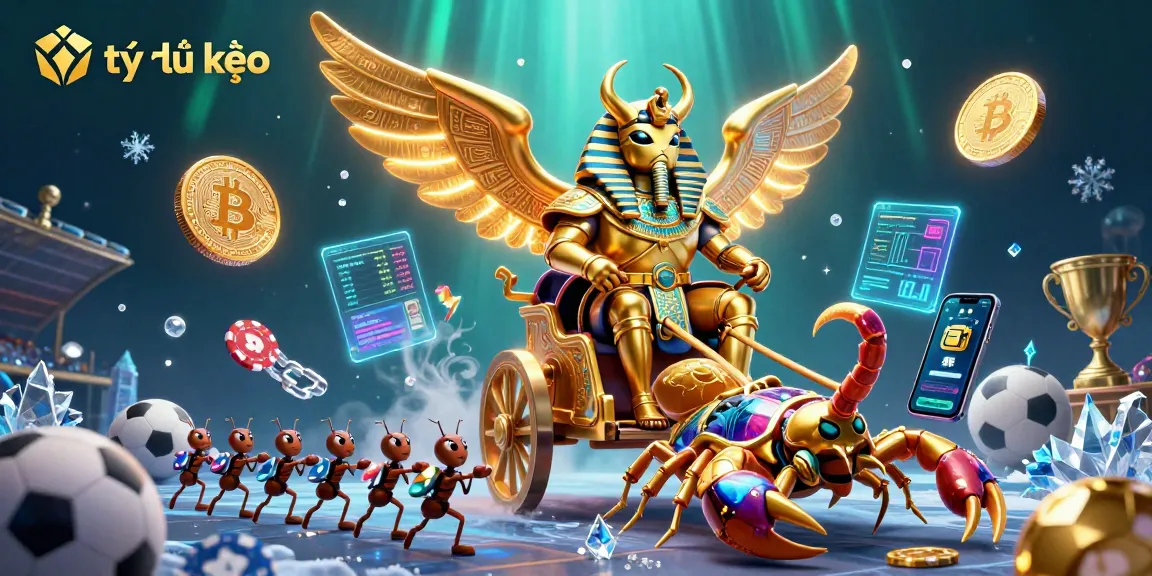 Engage with tỷ lệ kèo and sports betting insights featuring a dynamic scene with a scarab beetle and scorpions.