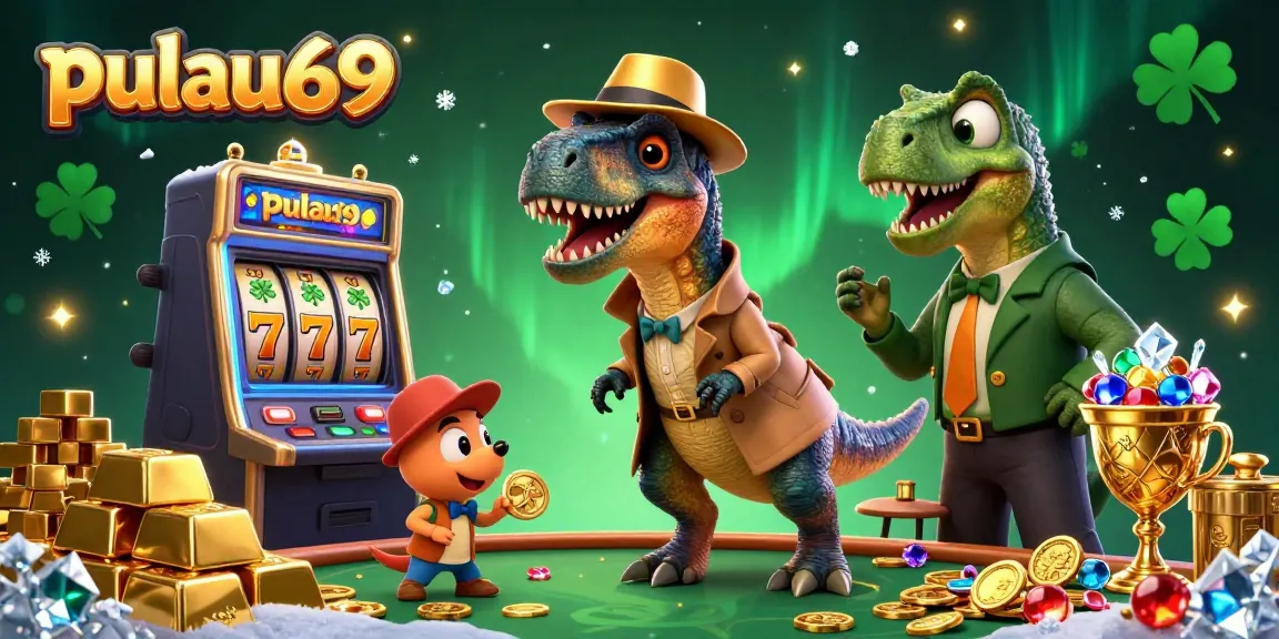 Pulau69 slot machine scene with a velociraptor card counter, a stegosaurus pit boss, and a compy pickpocket grabbing chips.