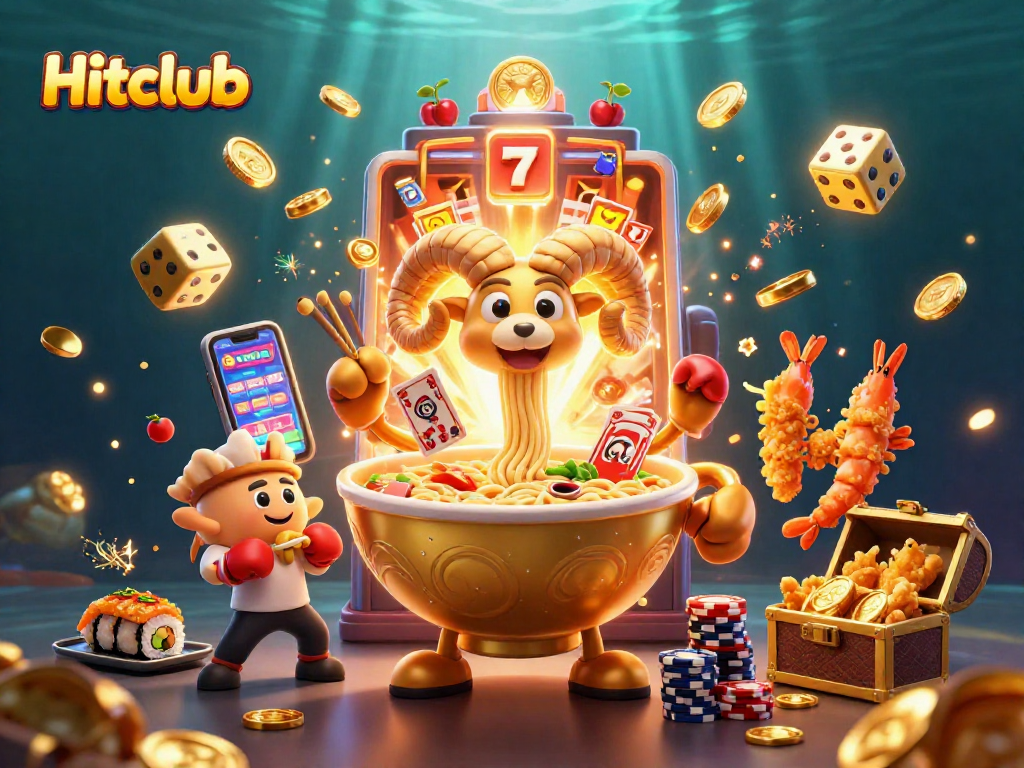 Hitclub showcases a vibrant 3D casino scene filled with characters and exciting game elements.