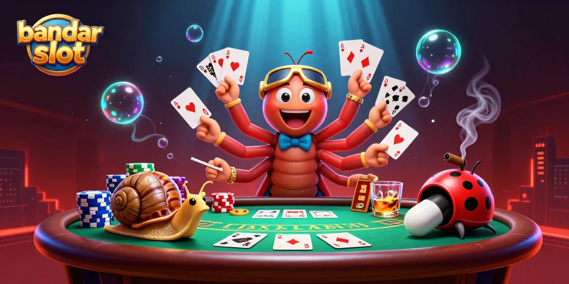 permainan bandar slot dengan dealer kartun dan tumpukan chip besar, penuh aksi dan kartu yang menonjol