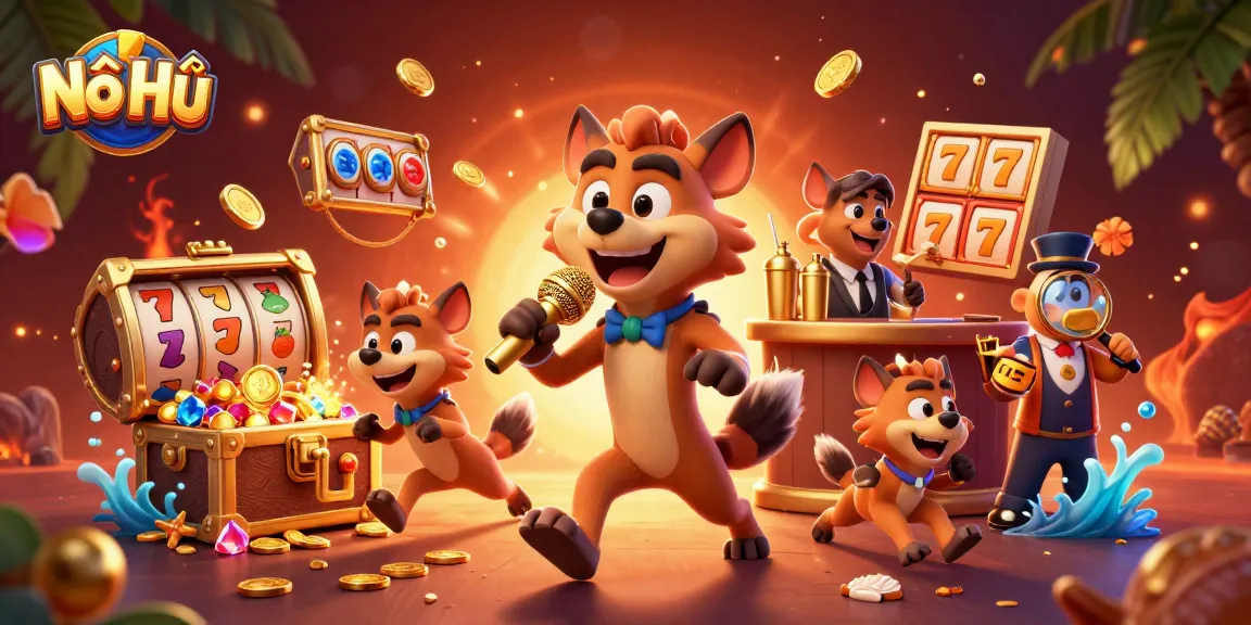 Nổ Hũ game scene with hyenas as casino staff, showcasing vibrant 3D slot elements and lively atmosphere.