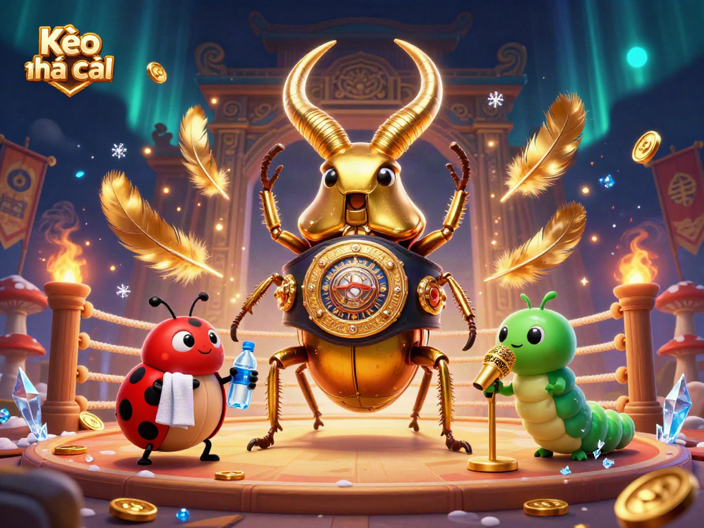 Kèo nhà cái showcases a dynamic boxing match with a golden stag beetle in a champion belt, ladybug corner-man, and caterpillar announcer.