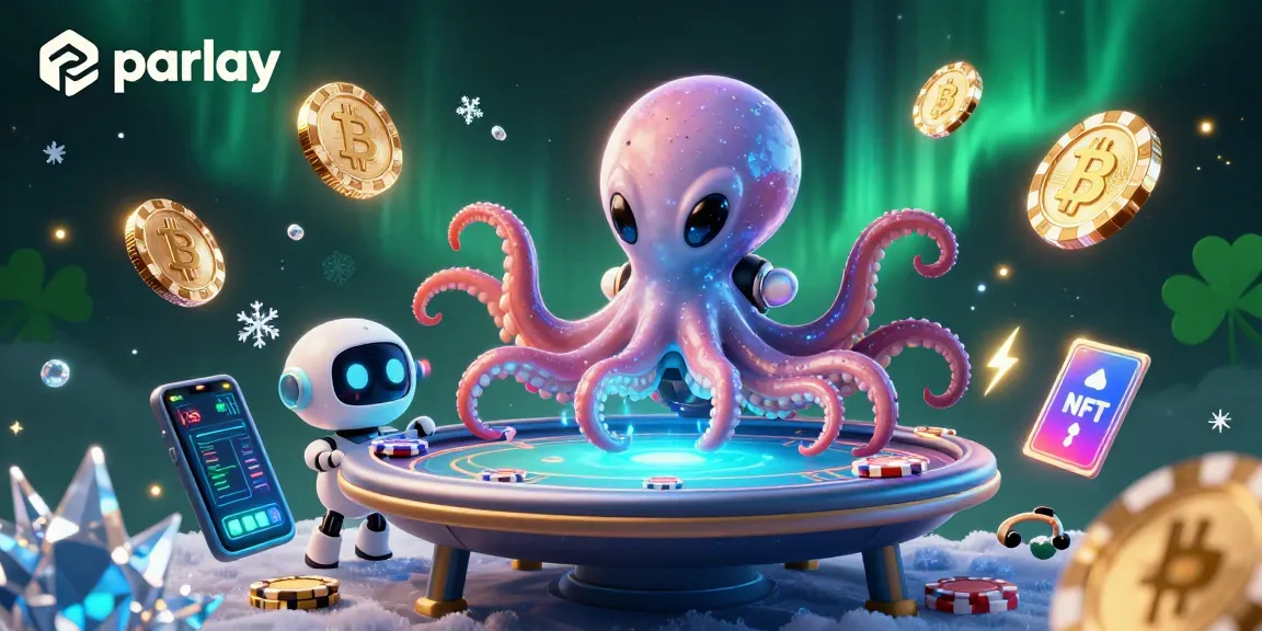 Engage in parlay betting with the alien octopus at a holographic poker table in a cosmic setting.