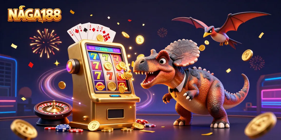 NAGA188 mengundang keberuntungan dengan dinosaurus dan mesin slot yang berkilau, menangkan jackpot!