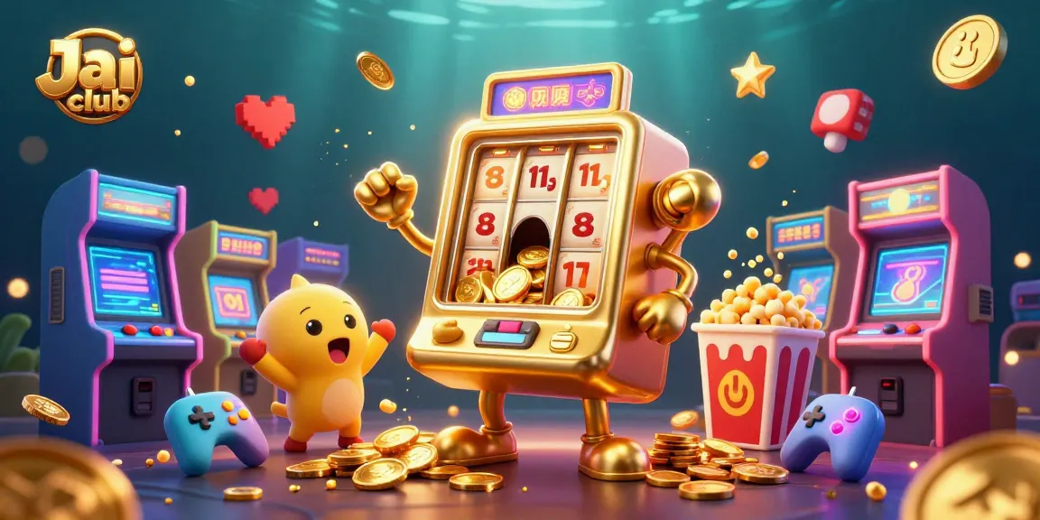 Experience jackpot thrills at Jai club with animated slot machines celebrating wins in a vibrant, detailed scene.