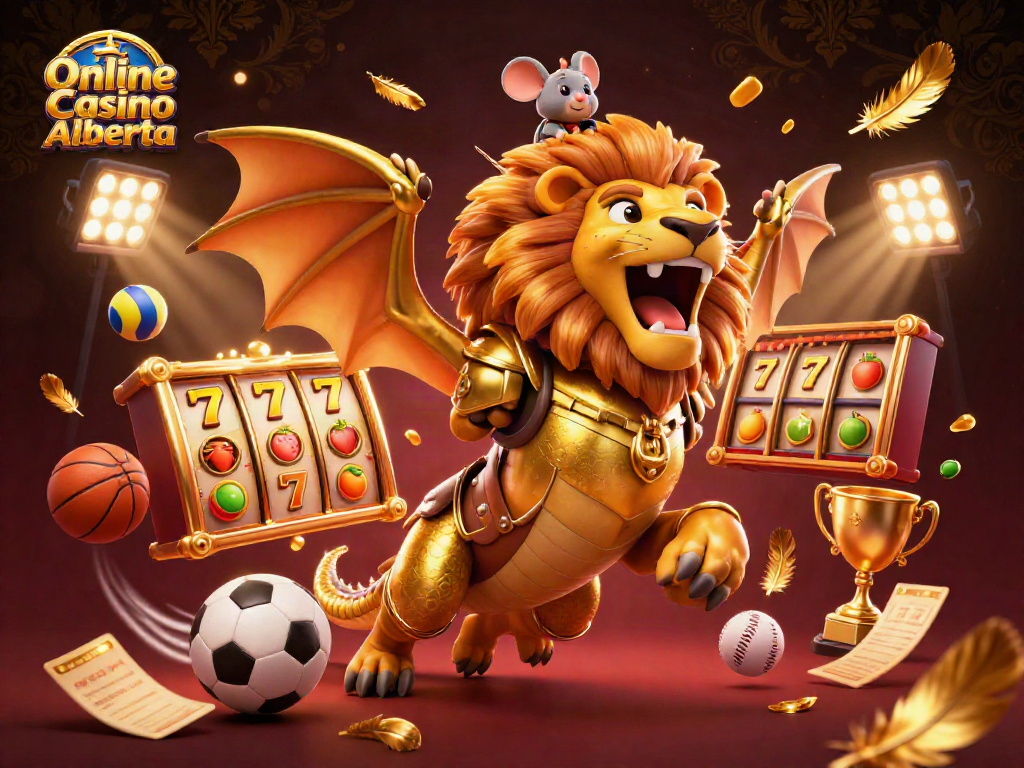 Play winning games at Online Casino Alberta with an epic 3D visual of a chimera and exciting slot elements.