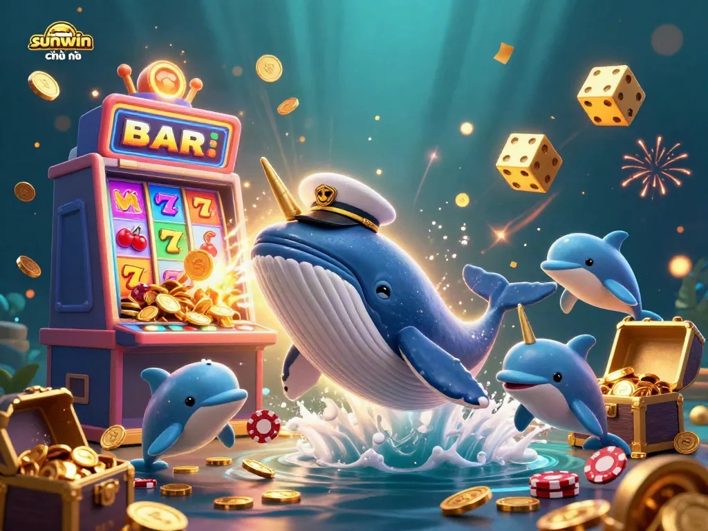 Experience the excitement of sunwin chính thức with vibrant casino characters and elements in a dynamic 3D illustration.