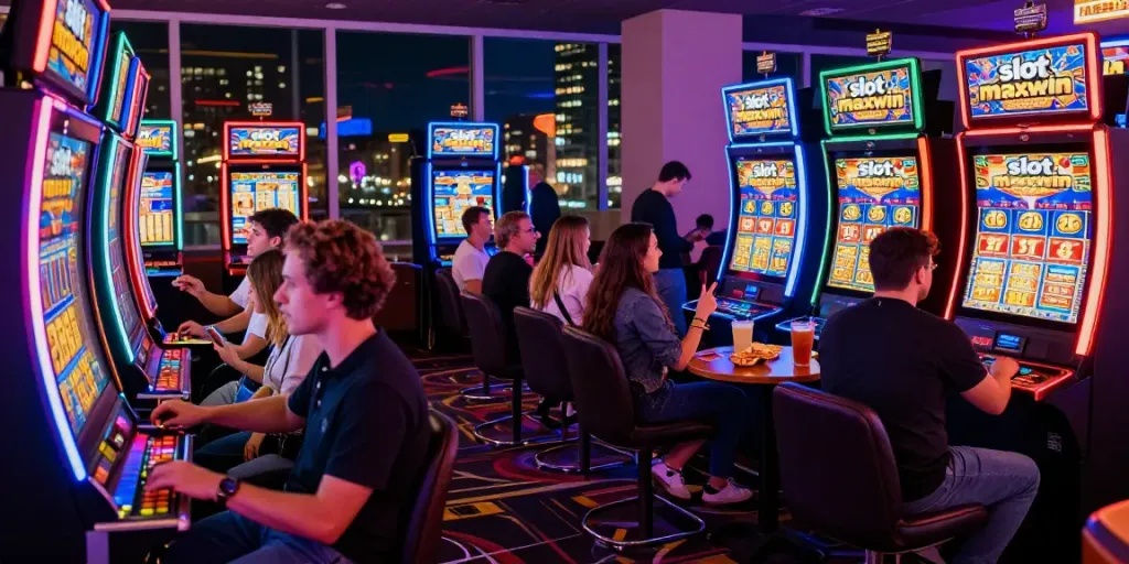 Thrilling casino scene with players celebrating a slot maxwin jackpot win amid vibrant lights and energetic atmosphere.