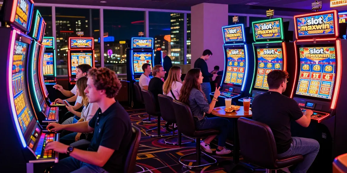 Thrilling casino scene with players celebrating a slot maxwin jackpot win amid vibrant lights and energetic atmosphere.
