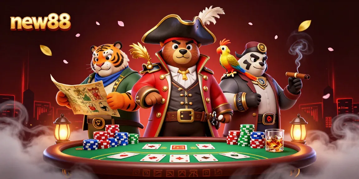 Experience thrilling action with new88's vibrant 3D casino scene featuring a bear captain and tiger first mate.