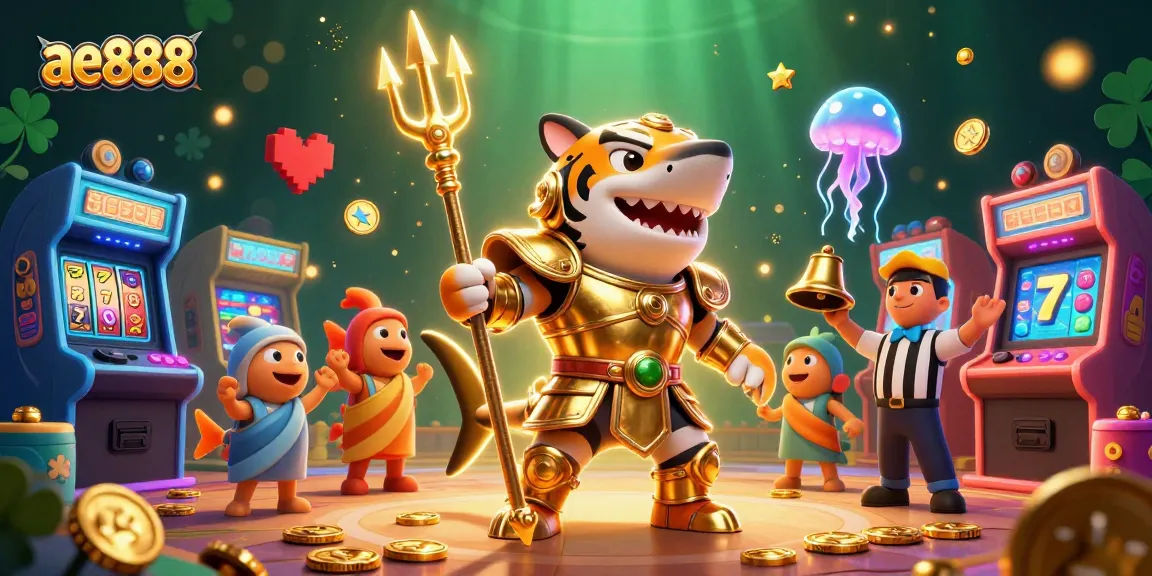 Experience the thrill at ae888 with a dynamic underwater casino scene featuring a shark warrior and vibrant gaming elements.