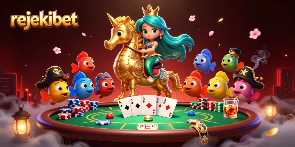 Join the excitement at rejekibet with a vibrant 3D illustration of a mermaid and her sea friends at a poker table.