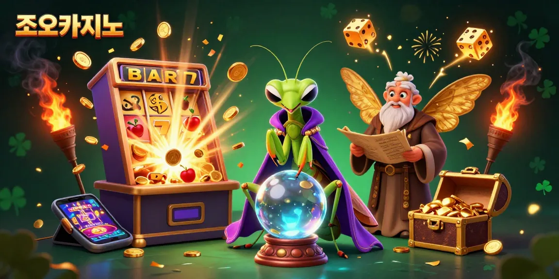 Experience the magic of 조이카지노 with vibrant slot games and fortune moments in a lively casino illustration.