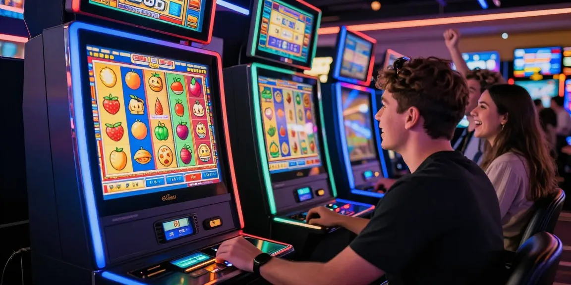 Player enjoying slots at a lively casino, vibrant gameplay atmosphere