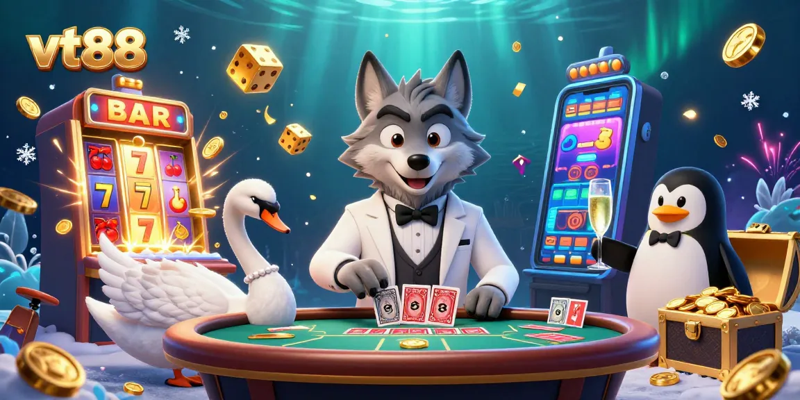 Experience an exciting vt88 casino scene with cartoon characters at a vibrant baccarat table.