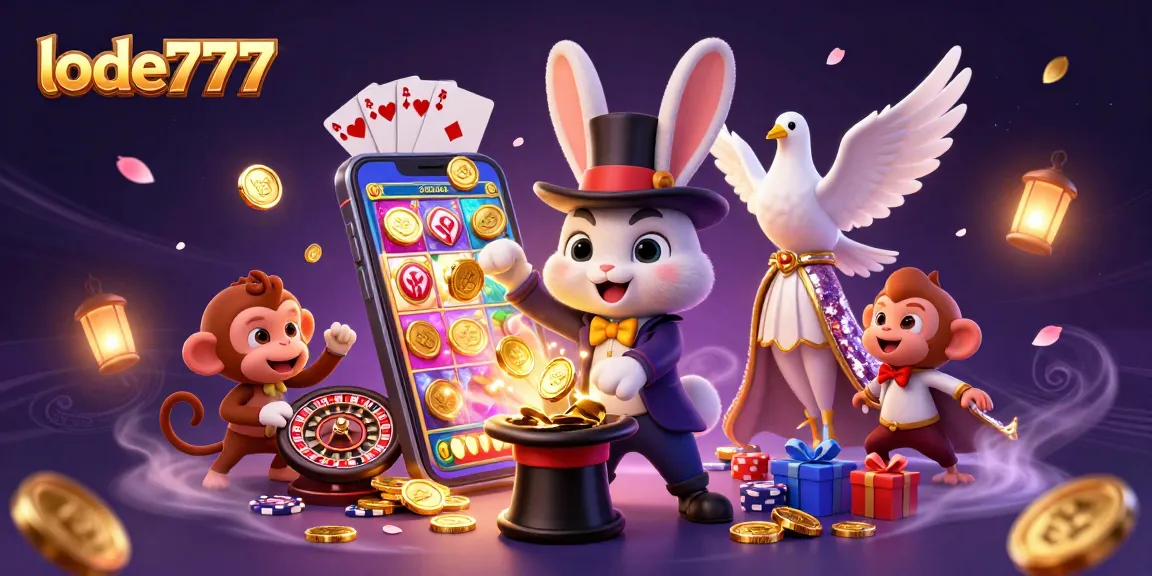 Experience winning with lode777 as a magician rabbit reveals golden coins, engaging casino elements flying around.