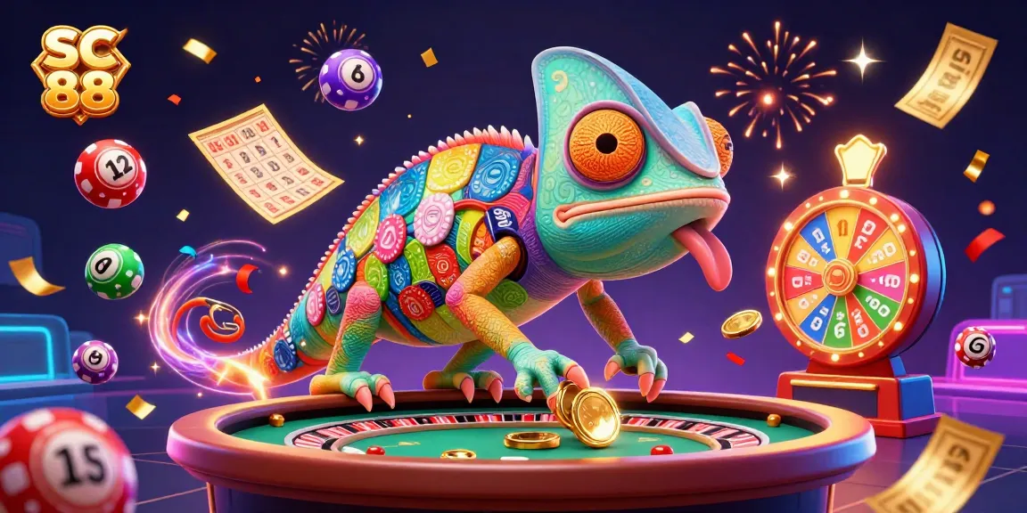 Engage with SC 88's vibrant casino experience featuring a chameleon owner and lively gaming elements.