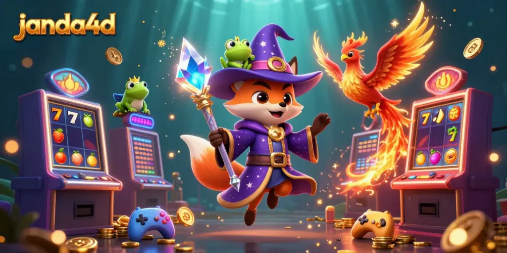 Fokus pada aksi permainan di janda4d dengan penyihir 3D, phoenix, dan simbol slot.