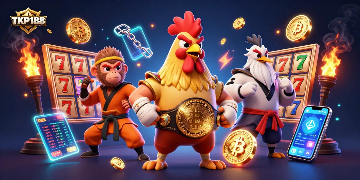 Engage with TKP188's dynamic slots featuring a Muay Thai rooster and martial arts characters amidst vibrant casino elements.