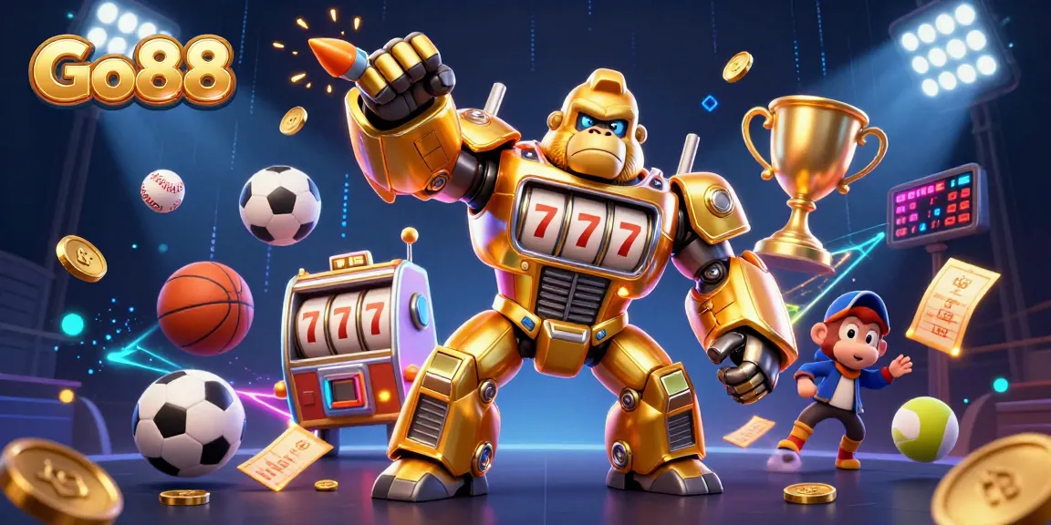 Experience the excitement of Go88 with a dynamic 3D illustration showcasing a golden gorilla mech surrounded by sports elements.