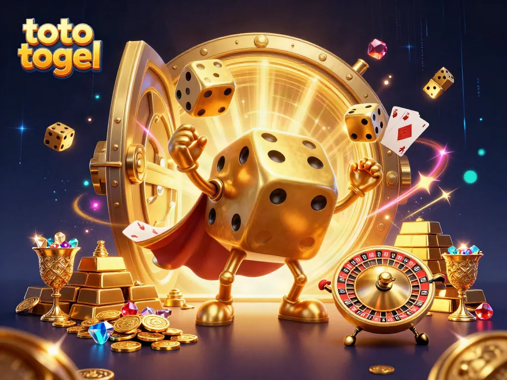 Engage with the thrill of toto togel featuring a lively golden dice golem amidst sparkling treasures.