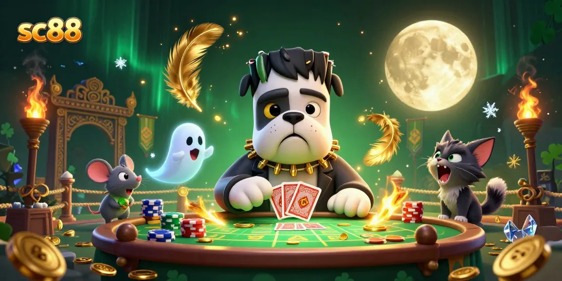 Engage with sc88's thrilling atmosphere featuring a bulldog monster dealing cards at a spooky table.