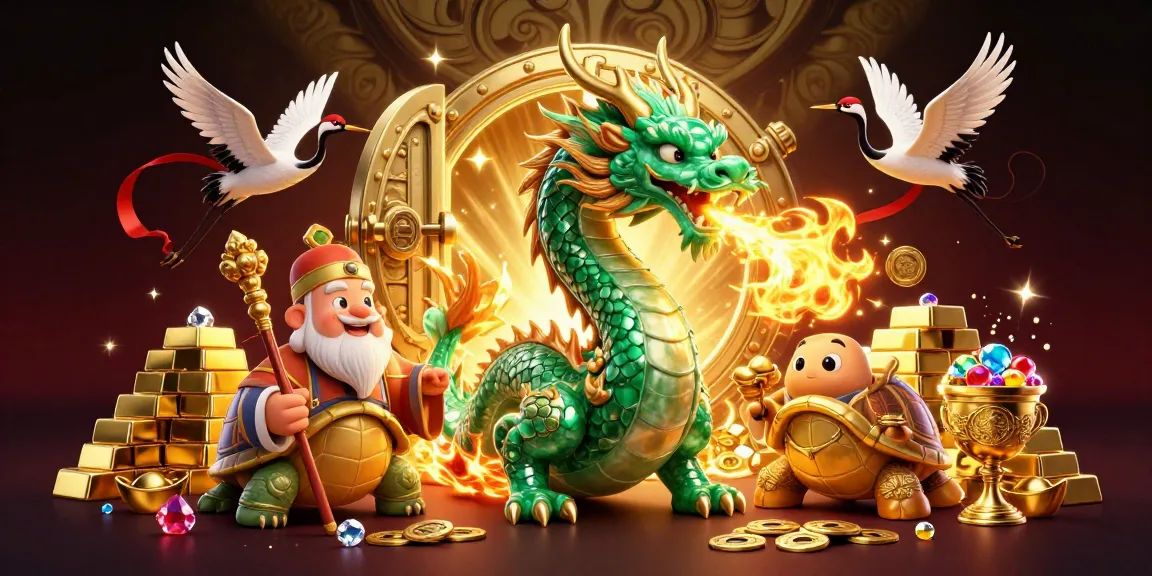 Engage with agen situs judi bola amidst a lavish scene featuring a jade dragon, treasure, and lucky symbols.