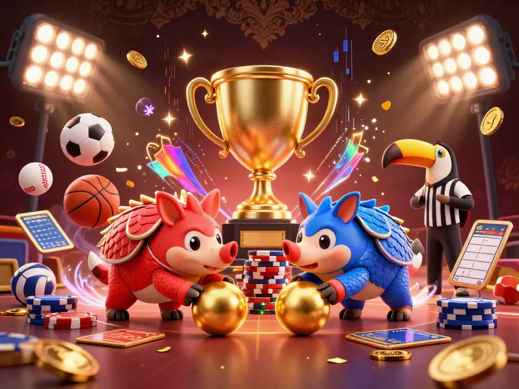 Engaging scene of rival pangolins competing with bonus new member 100-themed sports elements and casino chips.