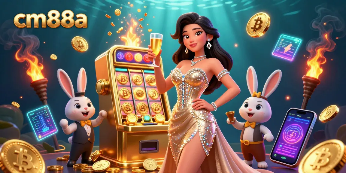 Experience thrilling wins at cm88a with a glamorous casino scene featuring a jackpot slot and whimsical characters.